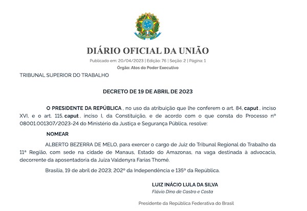 decreto nomeacao alberto bezerra